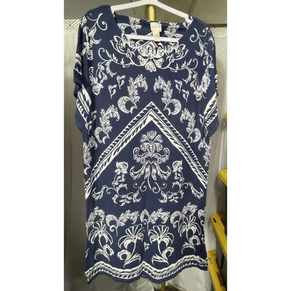 Chicos Geometric Scrolls Dress Navy White Paisley Floral Stretchy Shift Sz 2 (L)
